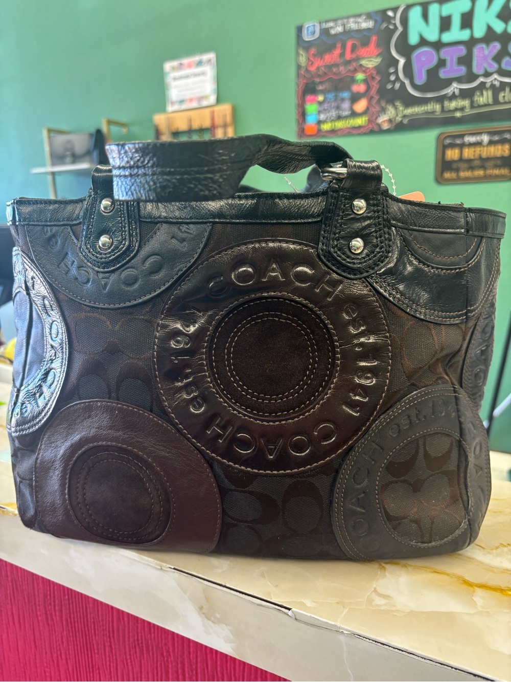 Coach Brown Patchwork Circle Logo Tote